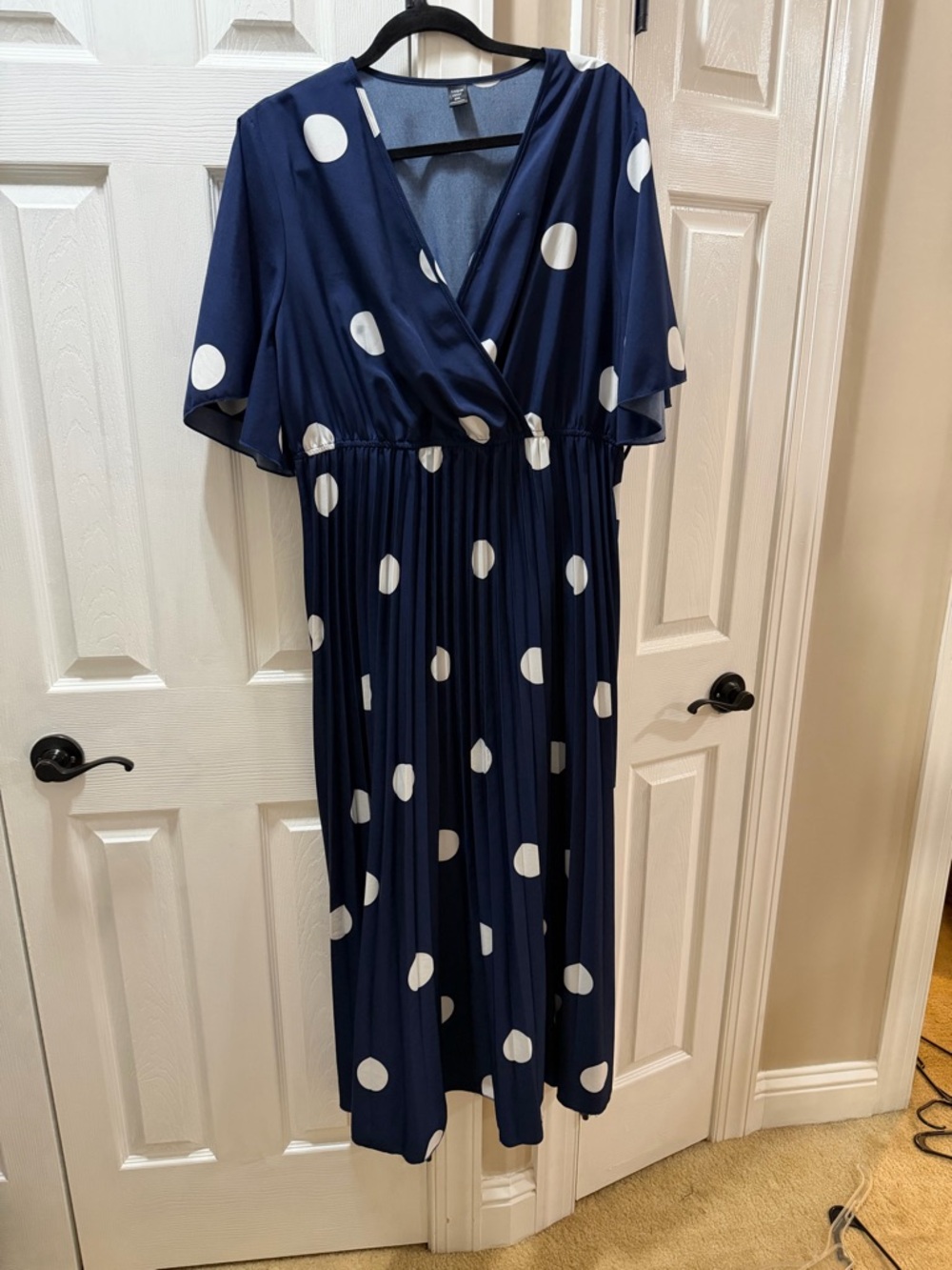 Navy Blue Polka Dot Wrap Midi Dress